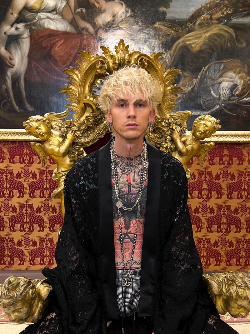 Machine Gun Kelly Lace Robe Dolce & Gabbana 2022 Photoshoot