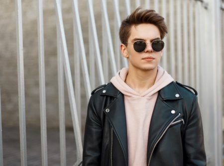 Male Model Sunglasses Leather Jacket Hoodie