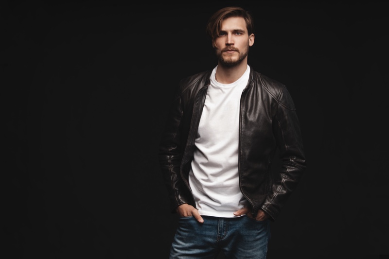 Man Leather Racer Jacket T shirt Jeans Casual Man Leather Racer Jacket T-shirt Jeans Casual