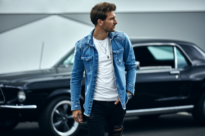 Mens Casual Style Denim Shirt Black Skinny Jeans White Tshirt Mens Casual Style Denim Shirt Black Skinny Jeans White Tshirt