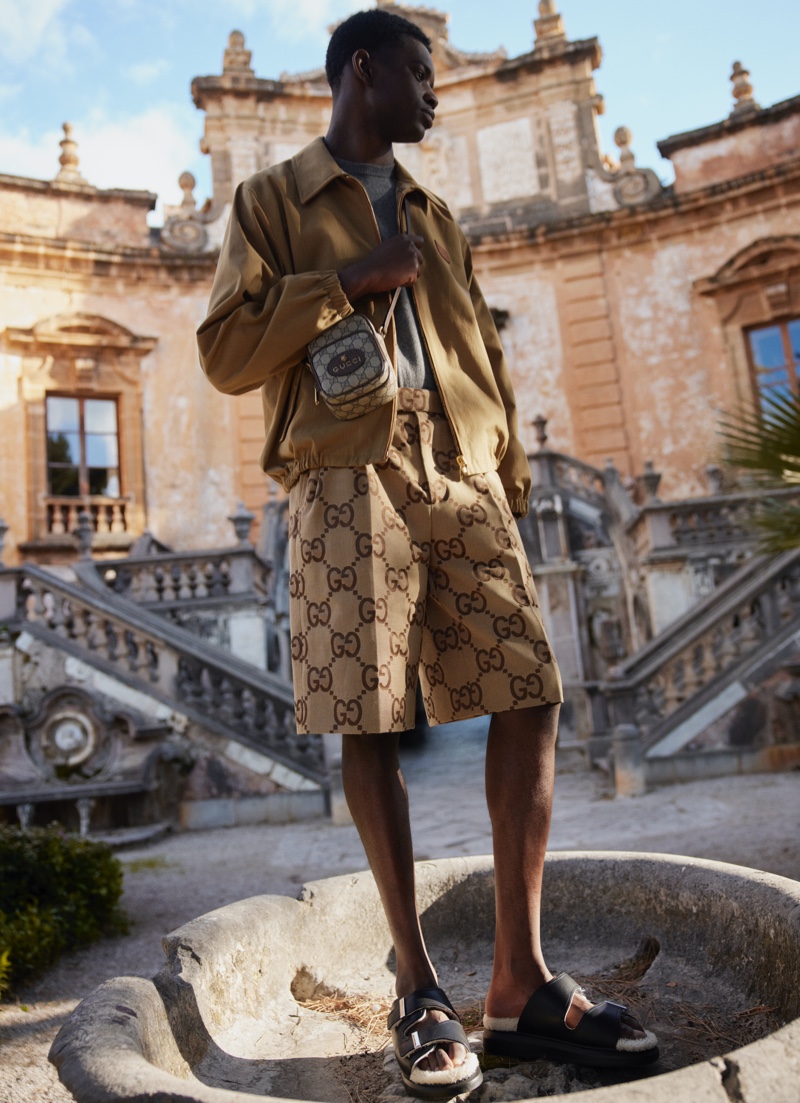 Grace Musase embraces shades of brown in a Gucci look for Mytheresa's men's campaign.