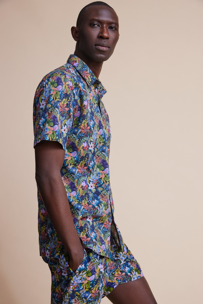 Making a case for the short set, Armando Cabral wears a tropical floral print by Onia.