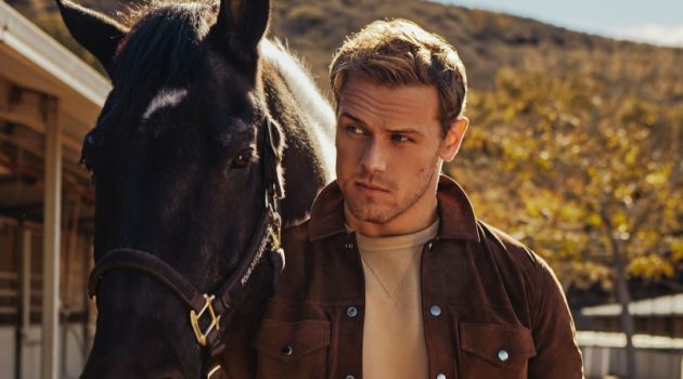 Outlander Star Sam Heughan Links Up with Men's Health Sam Heughan Photoshoot 2022 Men's Health Brown Suede Jacket