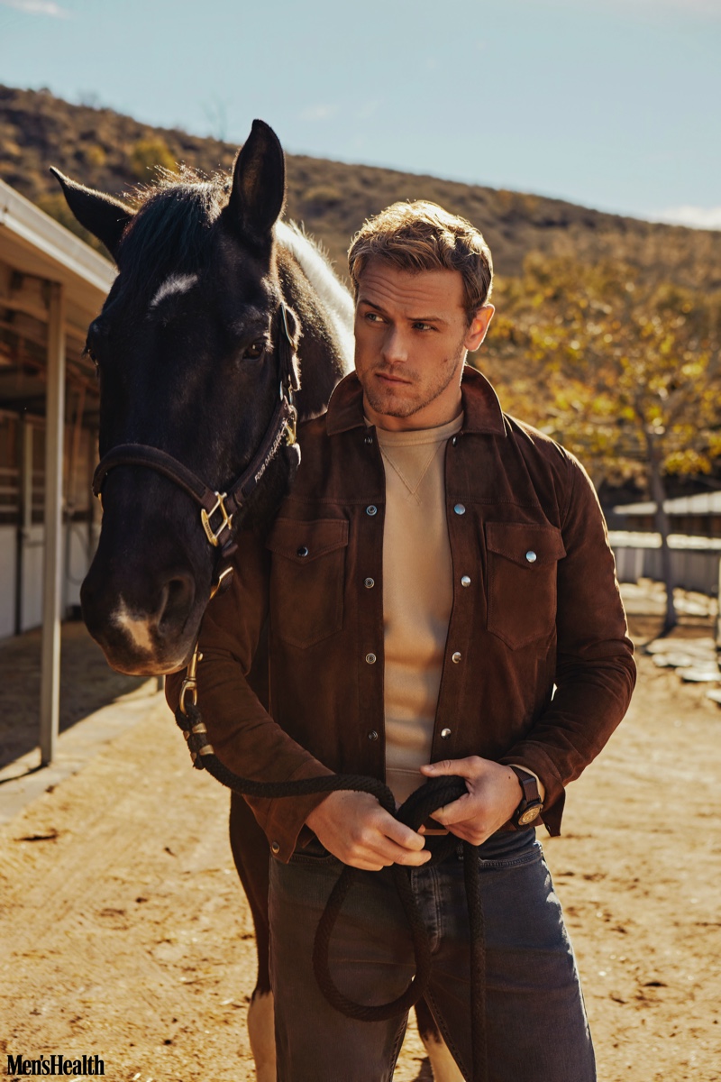 Sam Heughan Photoshoot 2022 Men's Health Brown Suede Jacket