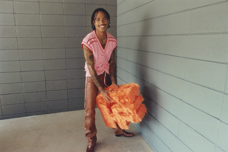 Musician Steve Lacy is pictured in GmbH for Farfetch's spring-summer 2022 men's campaign.