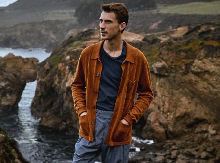 Clément Chabernaud dons a Todd Snyder cotton-linen Pub jacket in dark orange with a Made in L.A. pocket t-shirt and pinstripe Italian Gurkha trousers.