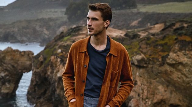 Clément Ventures Outdoors in Todd Snyder Big Sur Collection Clément Chabernaud dons a Todd Snyder cotton-linen Pub jacket in dark orange with a Made in L.A. pocket t-shirt and pinstripe Italian Gurkha trousers.