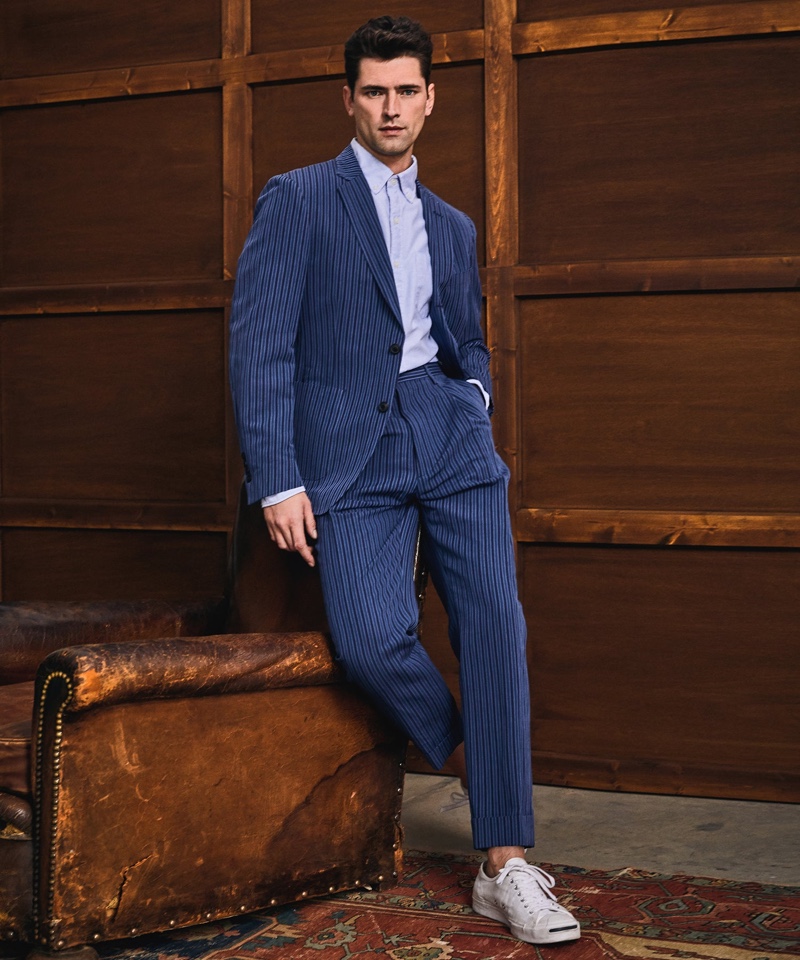 Wowing in blue, Sean O'Pry models Todd Snyder's Italian striped cotton linen Madison suit.