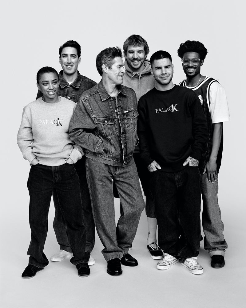 Willem Dafoe poses for a photo with Palace's star roster for the Calvin Klein Palace CK1 campaign.