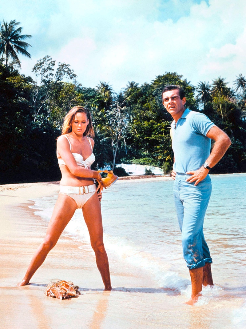 Dr No James Bond Sean Connery Beach Look Cyan Ursula Andress Swimsuit Seashells 1962 » 10 of James Bond's Most Memorable Outfits from the 007 Films Dr No James Bond Sean Connery Beach Look Cyan Ursula Andress Swimsuit Seashells 1962