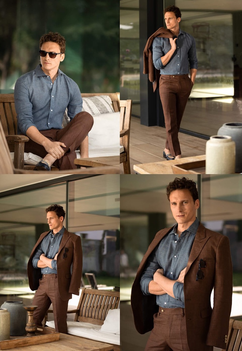 Alejandro Rodriguez models a brown and blue suiting look from Hockerty.