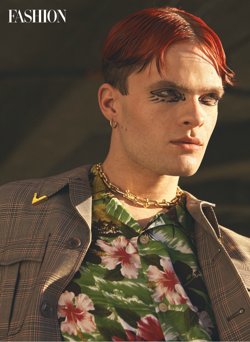 Ready for his Fashion close-up, Jake Wesley Rogers turns heads in a Gucci look with a Tiffany & Co. necklace. Photo Credit: Greg Swales