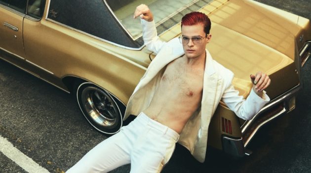Jake Wesley Rogers Makes a Bold Splash for Fashion Cover Story Going shirtless for Fashion magazine, Jake Wesley Rogers wears an Alexander McQueen suit with Saint Laurent shoes and Gentle Monster glasses. Photo Credit: Greg Swales