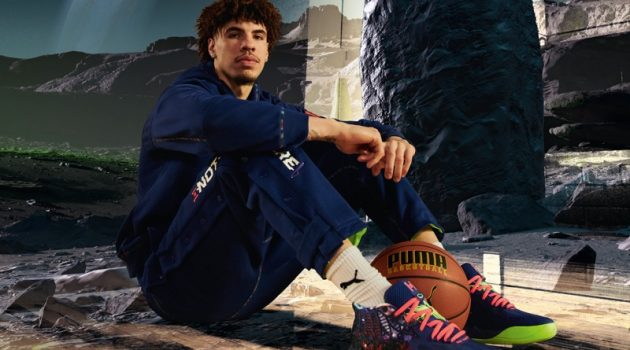 A Look at LaMelo Ball's New PUMA MB.01 Galaxy Sneakers LaMelo Ball Sitting PUMA MB.01 Galaxy Sneakers Campaign 2022