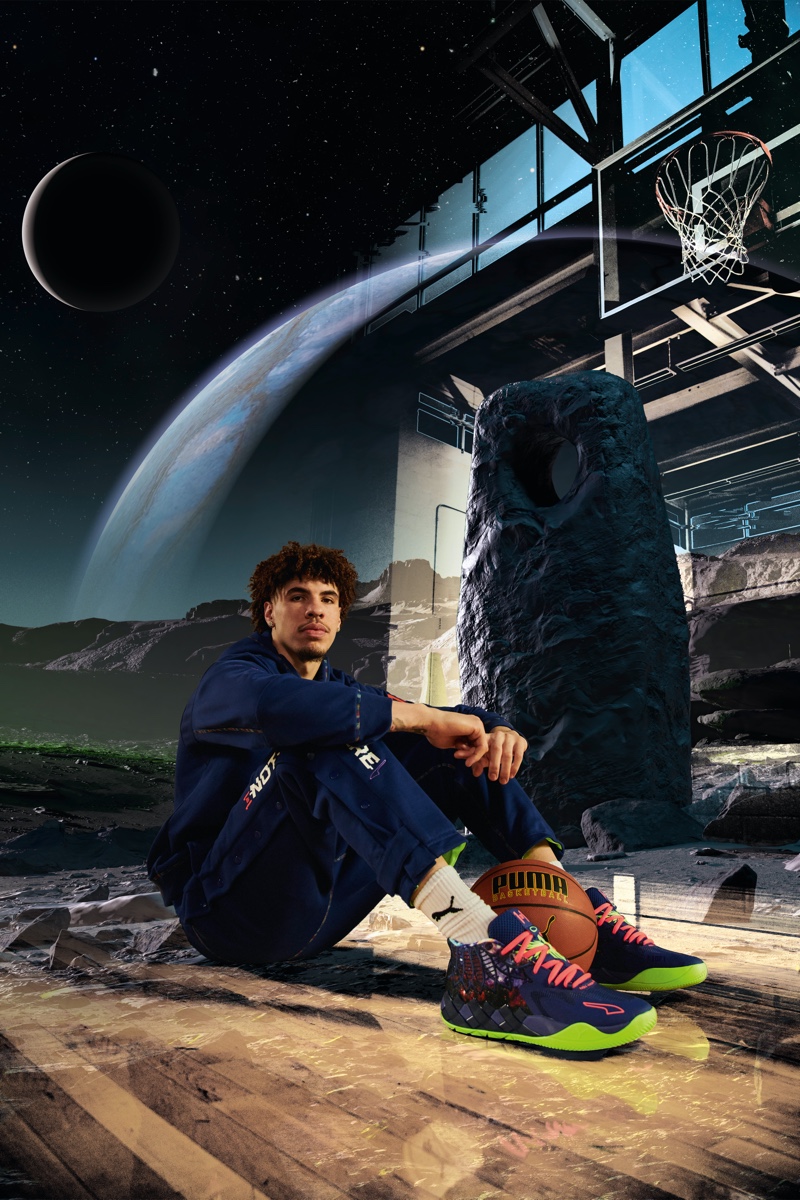 LaMelo Ball Sitting PUMA MB.01 Galaxy Sneakers Campaign 2022