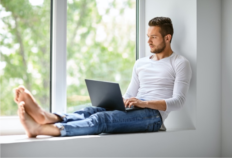 Man Laptop Casual Style Barefoot Feet Man Laptop Casual Style Barefoot Feet