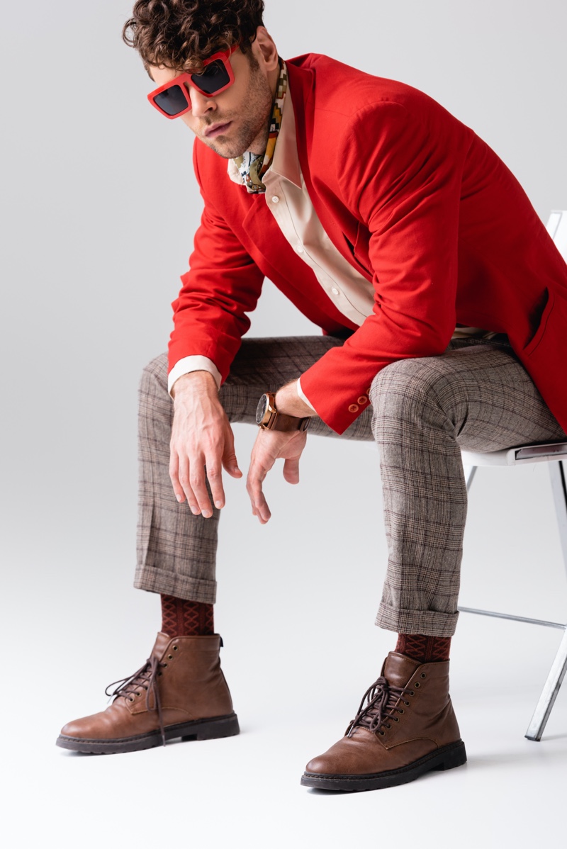 Man Red Jacket Sunglasses Check Trousers Printed Neckerchief » How to Mix Prints Like a Pro Man Red Jacket Sunglasses Check Trousers Printed Neckerchief
