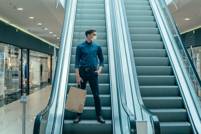 Man Shopping Empty Mall Wearing Mask Man Shopping Empty Mall Wearing Mask