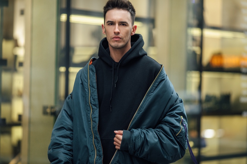 Man Wearing Trendy Hoodie Oversized Bomber Jacket