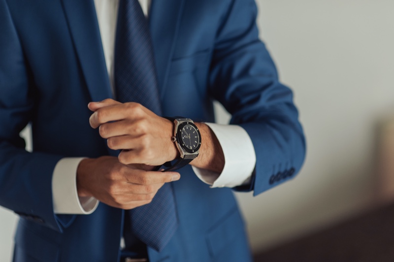 Man Wearing Watch with Leather Strap