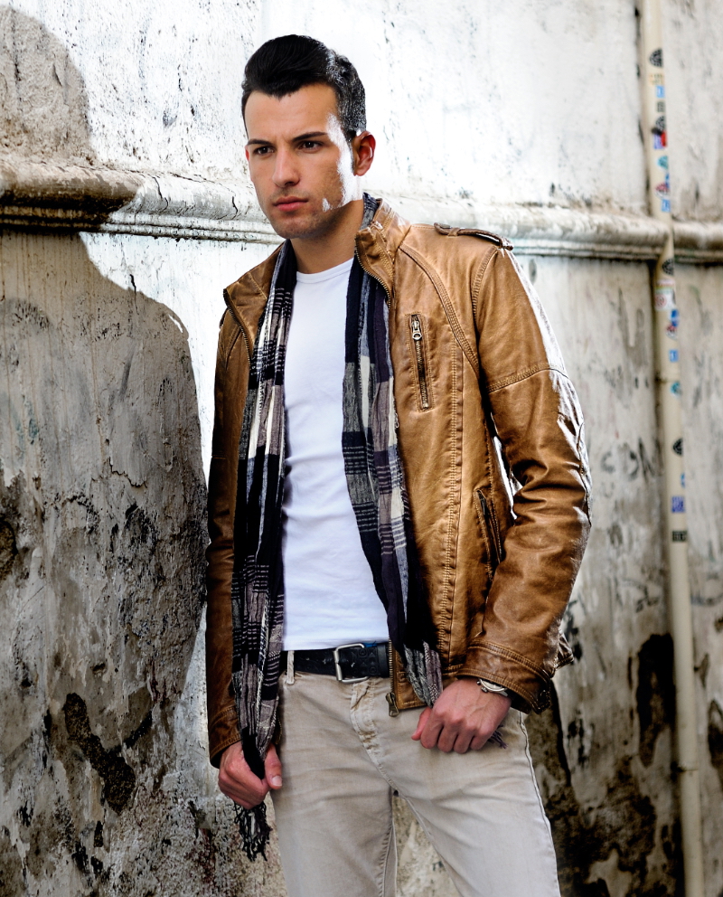 Man in Leather Jacket and Light Scarf