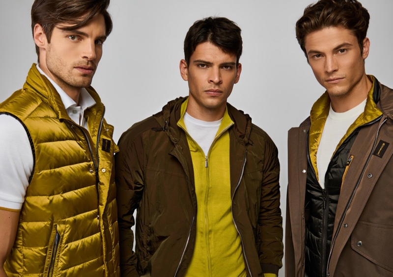 Models Kilian Zeugin, Giacomo Salsano, and Daniel Dannas sport casual looks from MooRER's spring-summer 2022 collection.