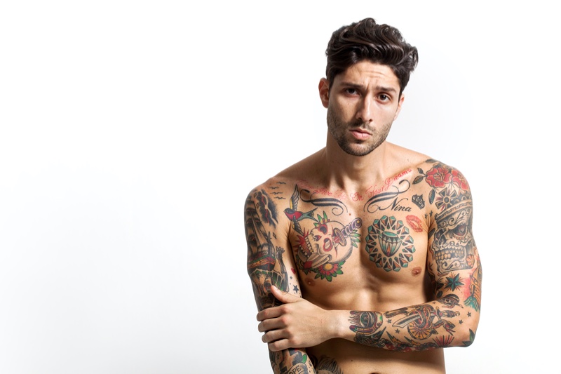 Shirtless Male Model Tattoos Color