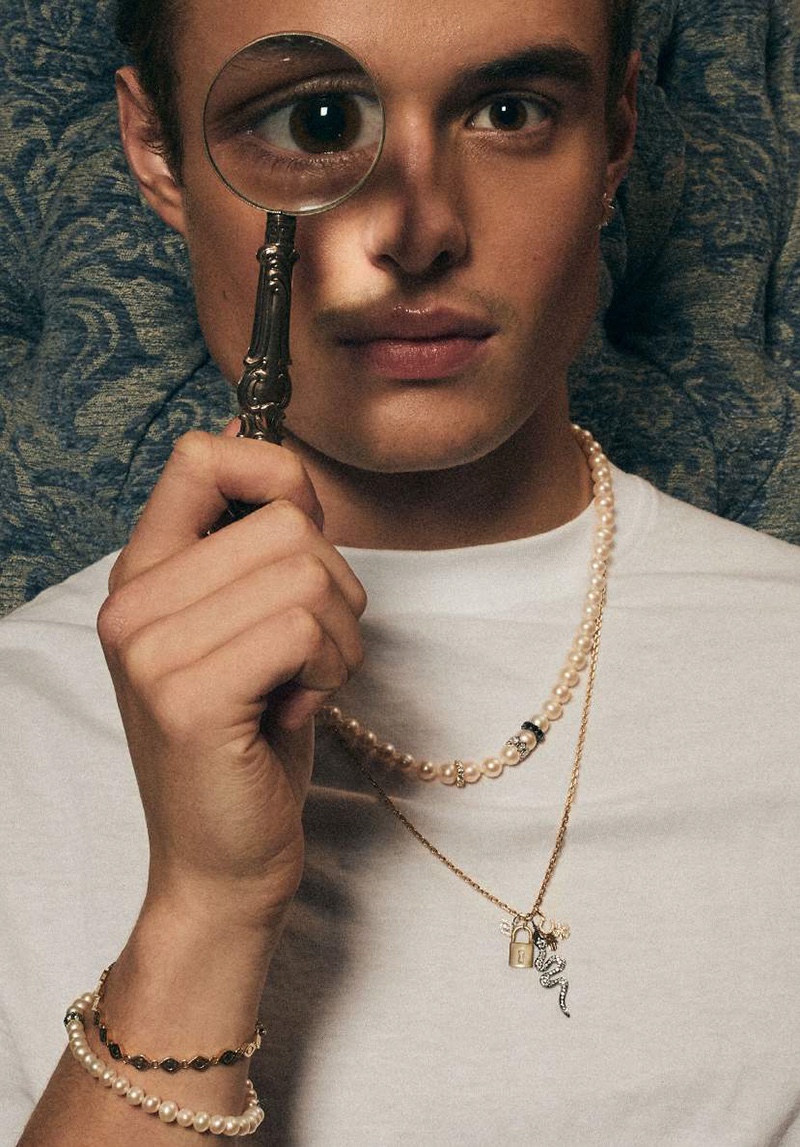 Duke Maxwell models pearls and more from Sydney Evan's collection for men.