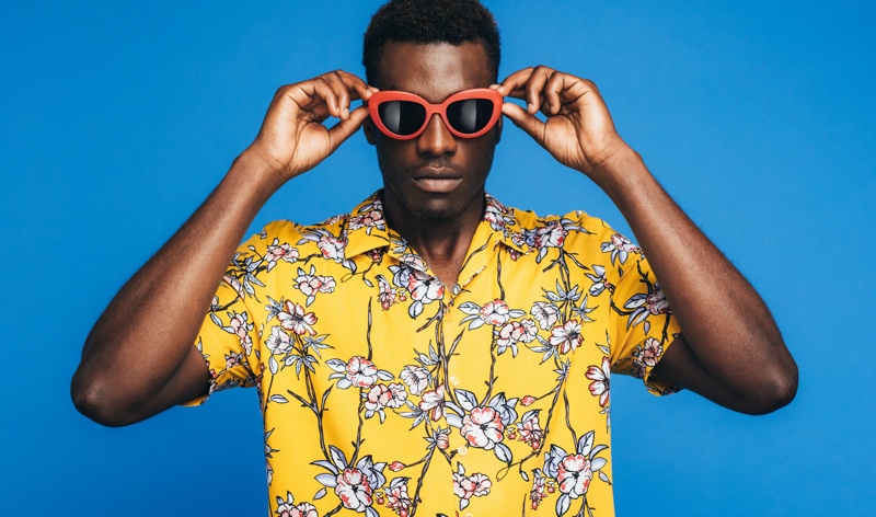 Black Male Model Orange Sunglasses Yellow Hawaiian Shirt