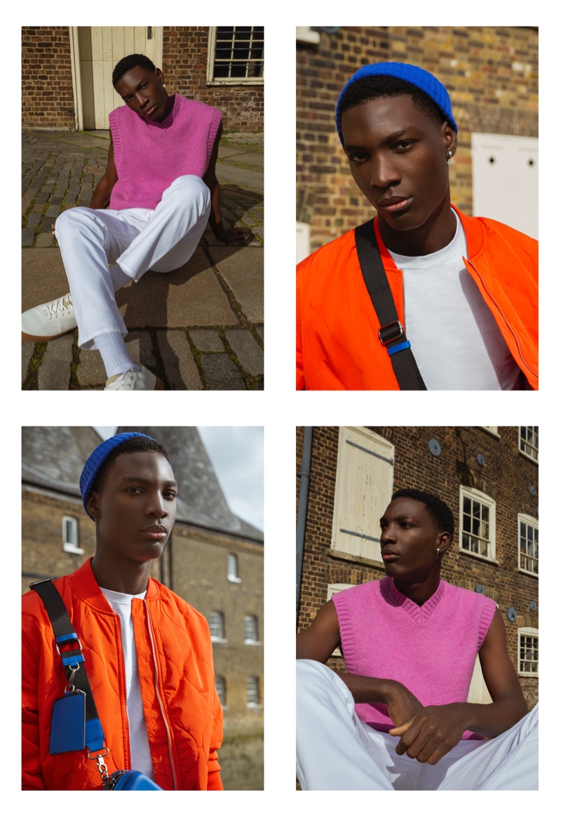 Top Left: Charles wears sweater vest Weekday, pants H&M, and shoes Birkenstock. Top Right: Charles wears knit beanie Weekday, t-shirt Stone Island, bag Zara, bomber jacket Reserved, and earring Alexander McQueen.