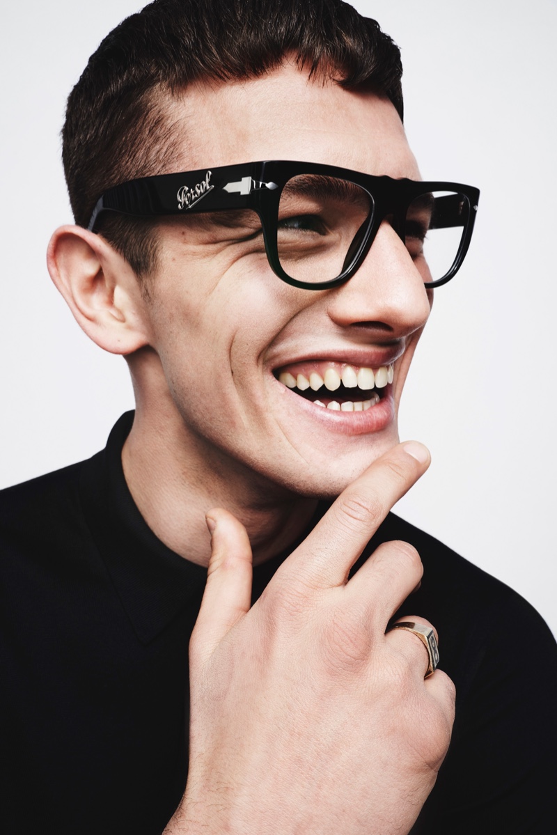 All smiles, Tom Bellini appears in the Dolce & Gabbana x Persol campaign.