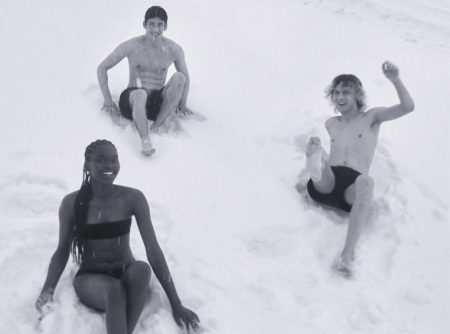 All smiles, Lucia Clement Wani, Raphaël Cousin, and Samuel Rydbacken appear in Filippa K's swimwear campaign.