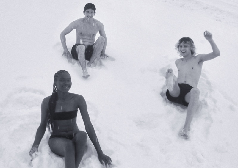 All smiles, Lucia Clement Wani, Raphaël Cousin, and Samuel Rydbacken appear in Filippa K's swimwear campaign.