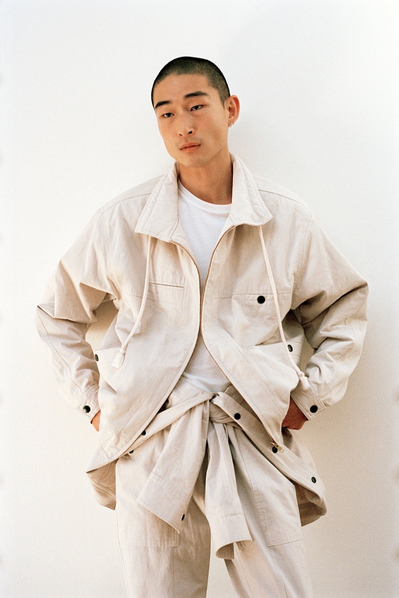 Sang Woo Kim models a CO-ORD look from Isabel Marant's spring-summer 2022 collection.