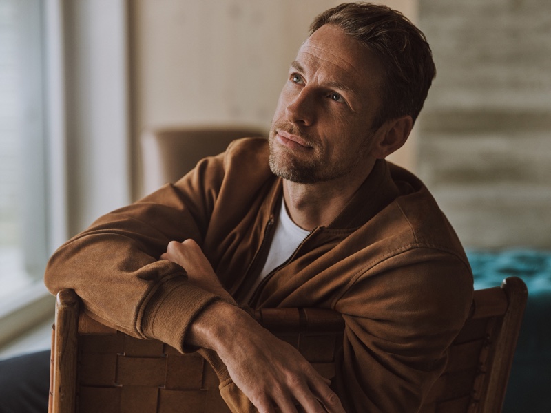 Jenson Button Brown Suede Bomber Jacket Hacket London Spring 2022 Campaign