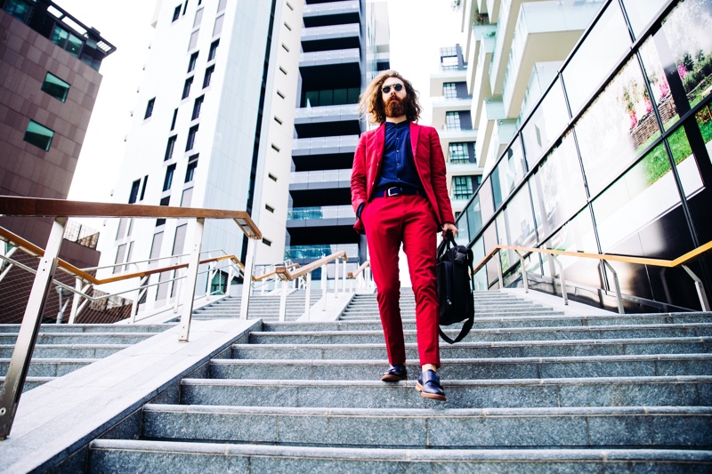 Male Model Red Pantsuit Stairs