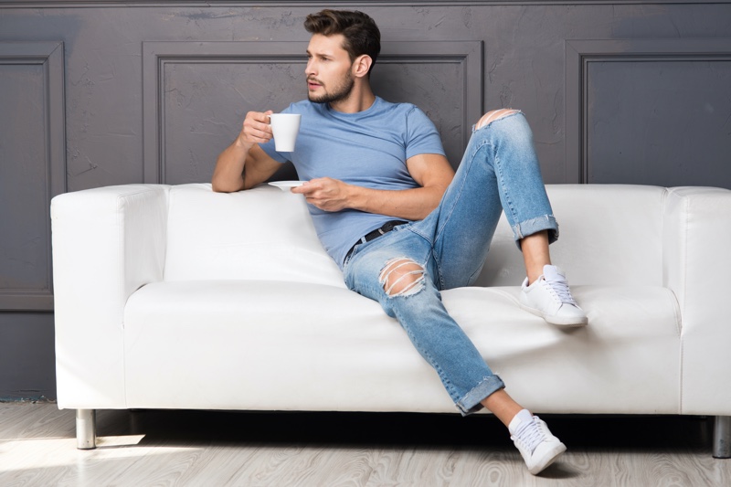 Man Blue T-Shirt Ripped Jeans Casual
