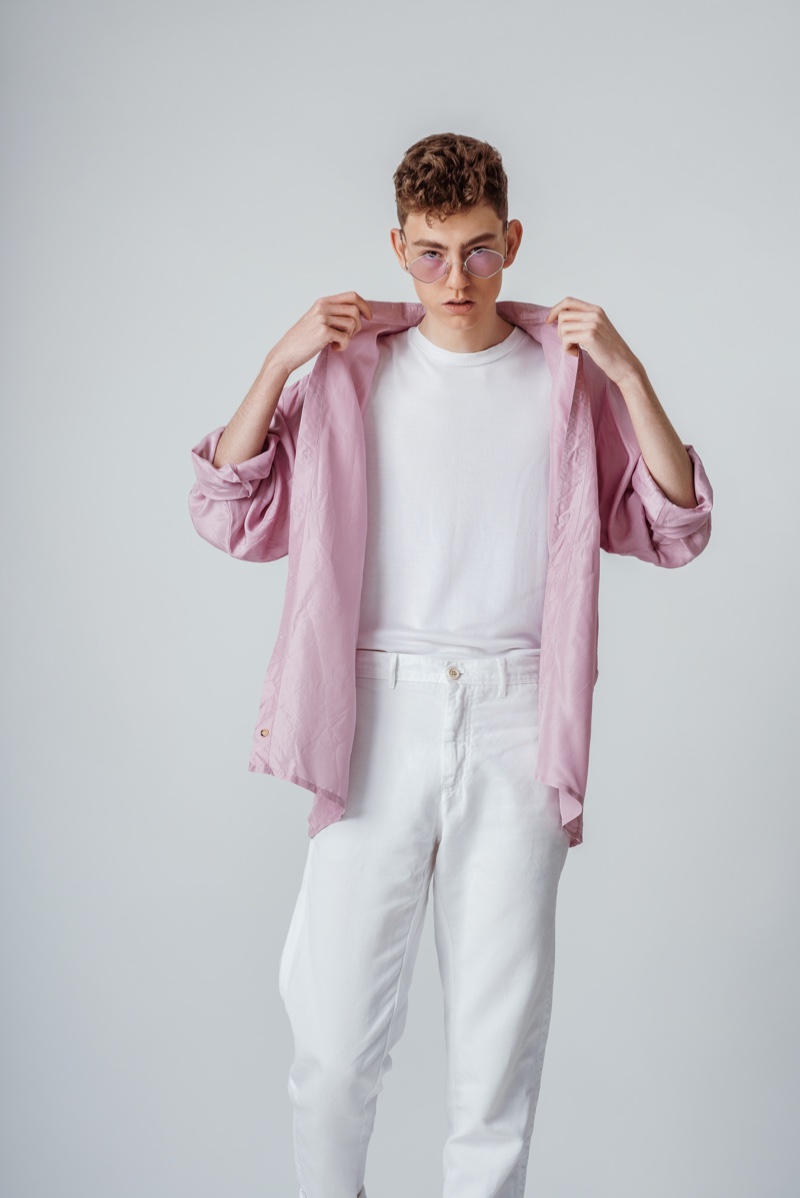 Man Pink Lilac Shirt White Shirt Pants