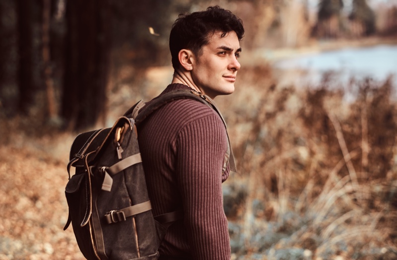 Man Ribbed Sweater Backpack Outdoors