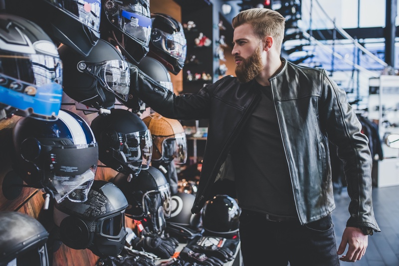 Man Shopping for Helmet Leather Jacket Man Shopping for Helmet Leather Jacket