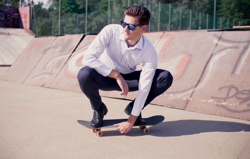 Man Skateboarding Sunglasses Dress Shirt Trousers Man Skateboarding Sunglasses Dress Shirt Trousers