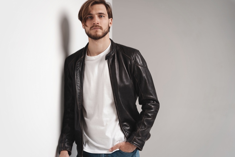 Man Wearing Leather Jacket White T-shirt