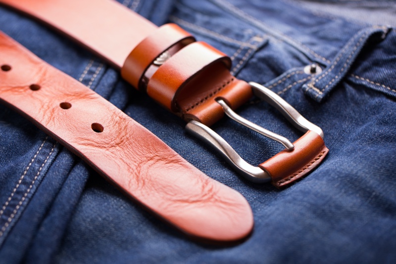 Mens Leather Belt Brown Denim Jeans Closeup