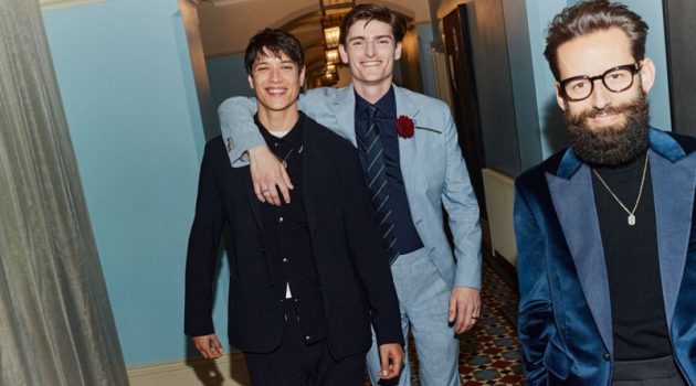 Mr Porter Shows Out with Summer Tailoring Left to Right: Aaron Unknown wears a Paul Smith unstructured wool-blend jacquard suit jacket, Merino wool cardigan, and straight-leg textured wool-blend drawstring suit trousers. Alexander Beck models a Paul Smith virgin wool, linen, and silk-blend suit jacket and trousers with a slim-fit cotton-poplin shirt and 8cm striped silk-jacquard tie. Wojtek van Portek dons a Favourbrook slim-fit Grossgrain-trimmed cotton-velvet tuxedo jacket with a Paul Smith cashmere turtleneck sweater.