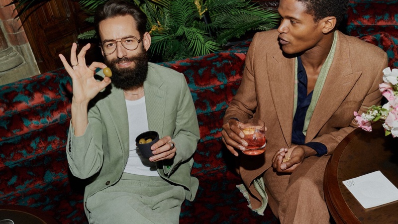 Left: Stylist Wojtek van Portek wears a Richard James green tailored jacket and trousers. Right: O'Shea Robertson models a Richard James double-breasted linen suit jacket and pants with a Paul Smith slim-fit cotton-poplin shirt.