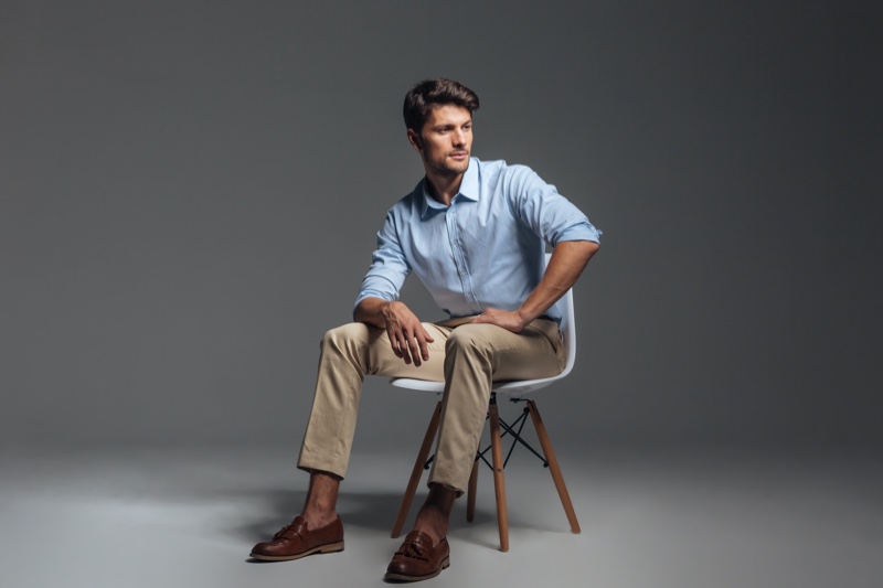 Blue Shirt Chino Pants Loafers Outfit Man Blue Shirt Chino Pants Loafers Outfit Man