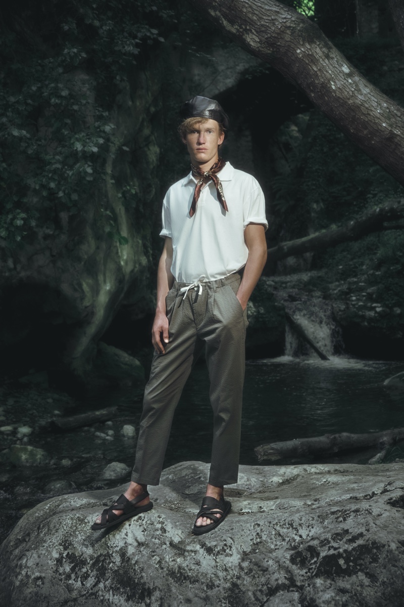 Cristian wears sandals L'artigiano del cuoio, foulard stylist's own, beret Kangol, shirt and pants Diktat. » Cristian Aneris Takes to Valle delle Ferriere in Summer Style by Diktat Cristian wears sandals L'artigiano del cuoio, foulard stylist's own, beret Kangol, shirt and pants Diktat.