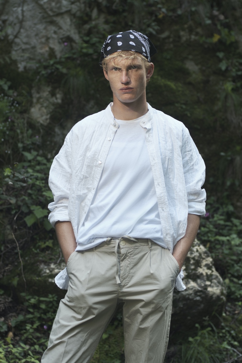 Cristian wears foulard stylist's own, t-shirt, shirt, and pants Diktat. » Cristian Aneris Takes to Valle delle Ferriere in Summer Style by Diktat Cristian wears foulard stylist's own, t-shirt, shirt, and pants Diktat.