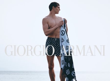 Julian Schneyder Model Shirtless Swim Shorts Giorgio Armani Mare Campaign Summer 2022 Towel Logos