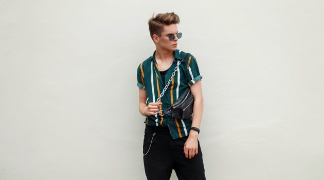 Men's Leather Bag Trends for 2022 Guy Green Striped Shirt Chain Bag